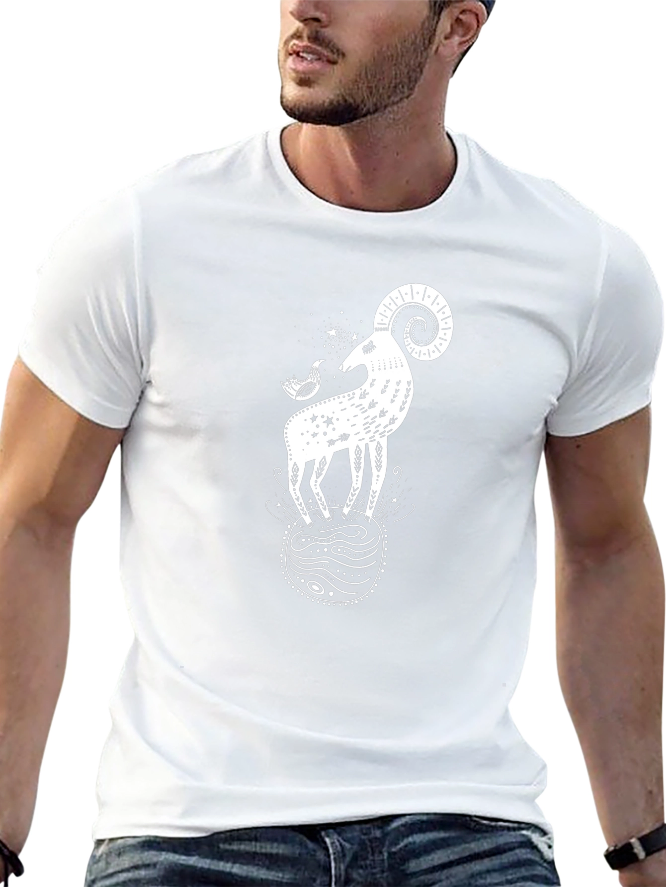 Ram & Bird Graphic Black T-Shirt - Unique Design