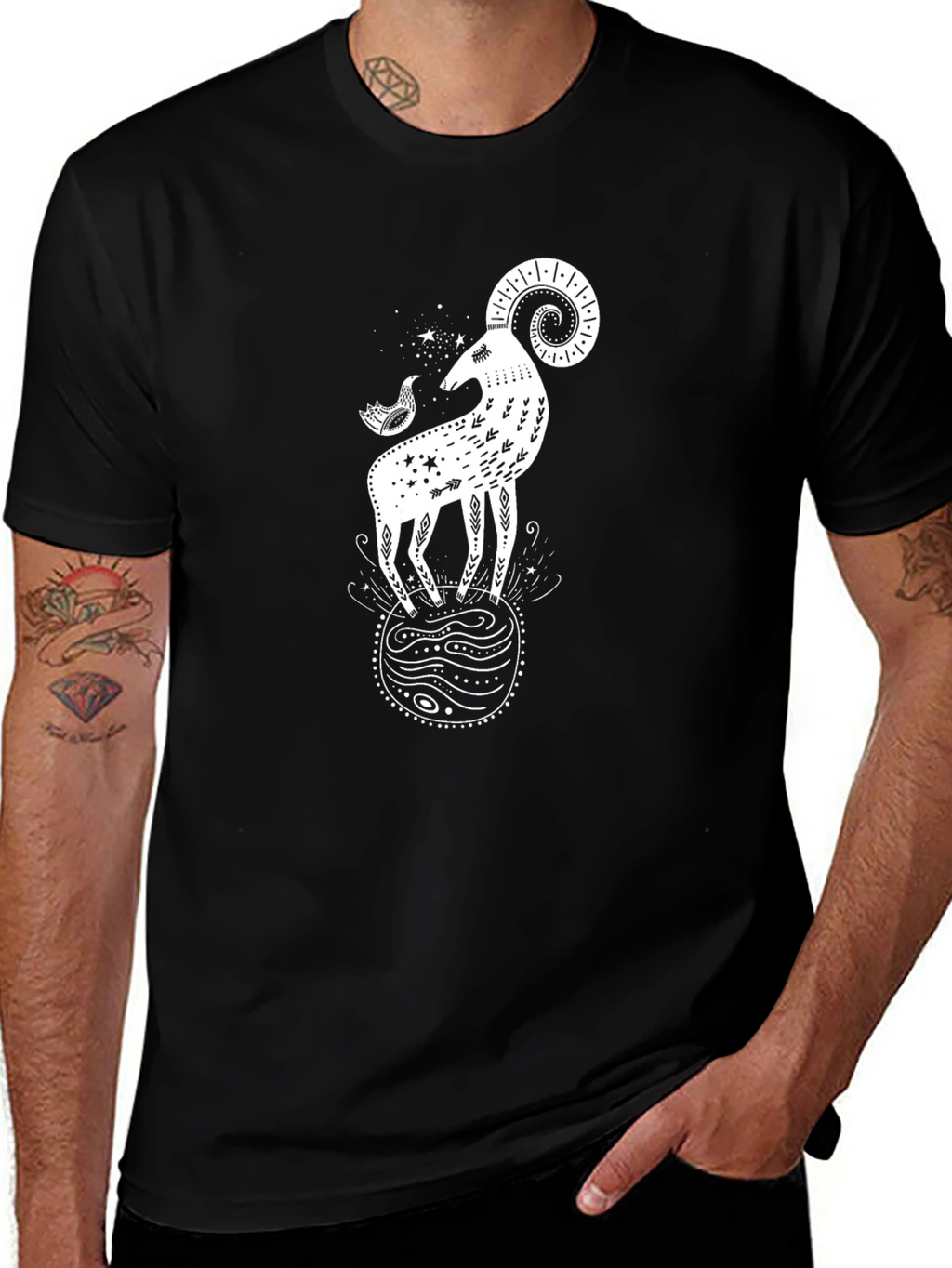 Ram & Bird Graphic Black T-Shirt - Unique Design