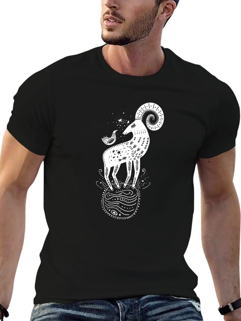 Ram & Bird Graphic Black T-Shirt - Unique Design