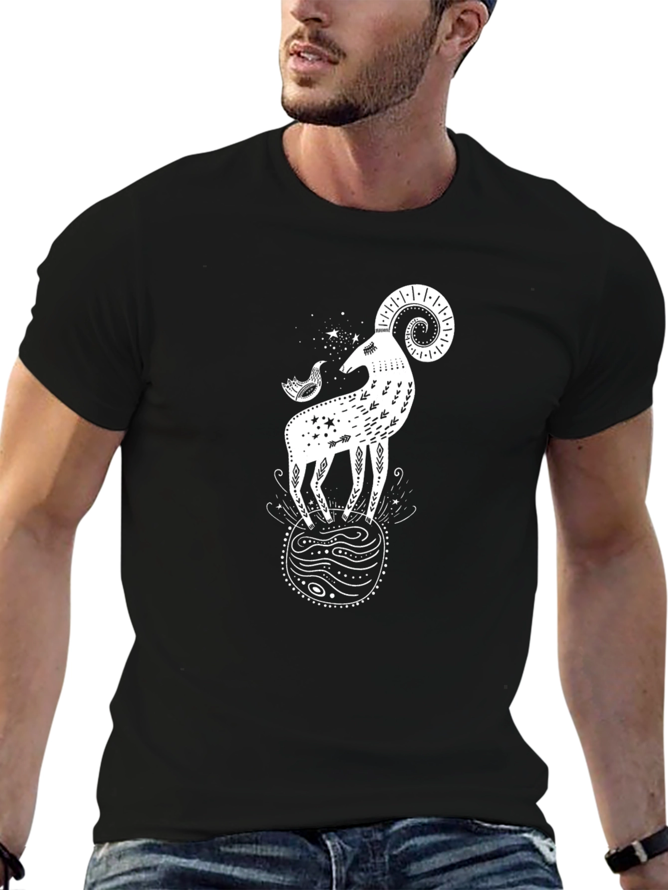 Ram & Bird Graphic Black T-Shirt - Unique Design