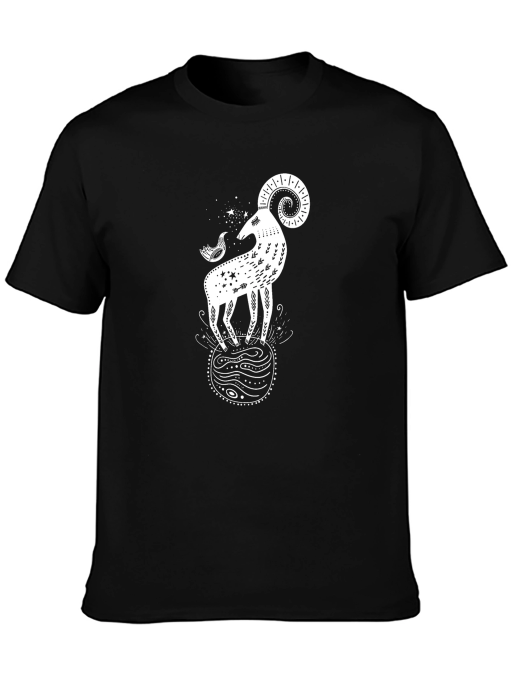 Ram & Bird Graphic Black T-Shirt - Unique Design