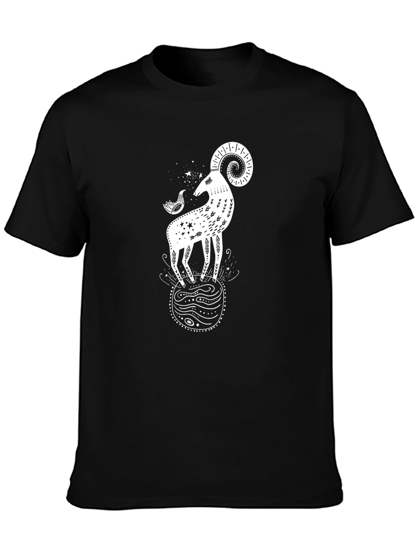 Ram & Bird Graphic Black T-Shirt - Unique Design