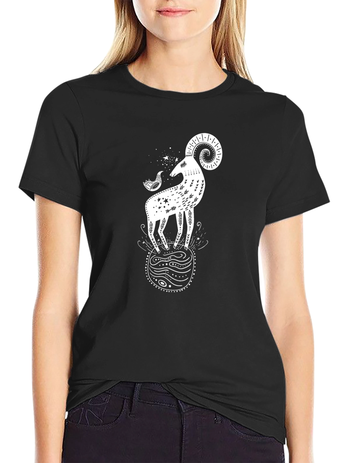 Ram & Bird Graphic Black T-Shirt - Unique Design