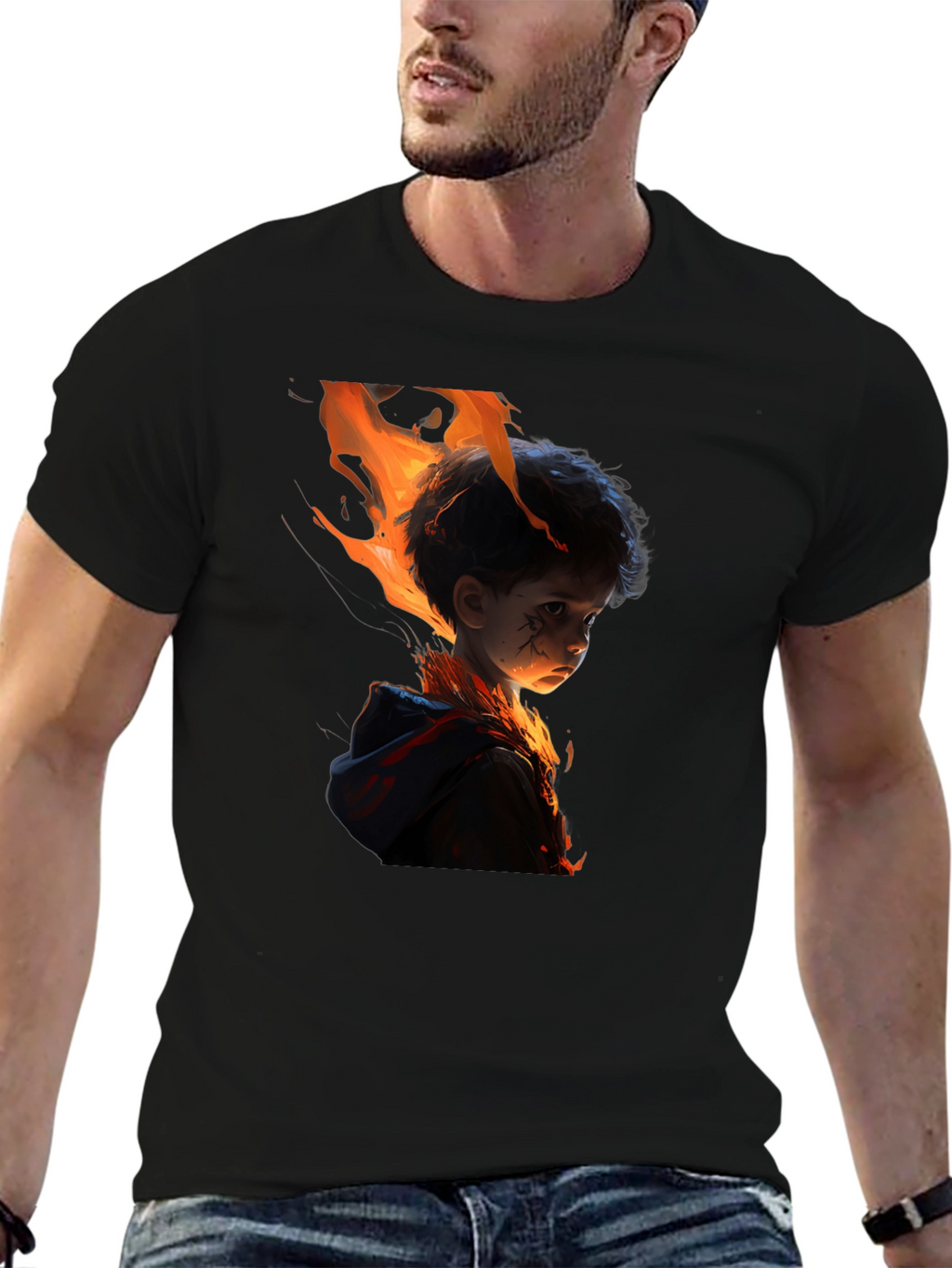 Fiery Child Graphic Print Black T-Shirt