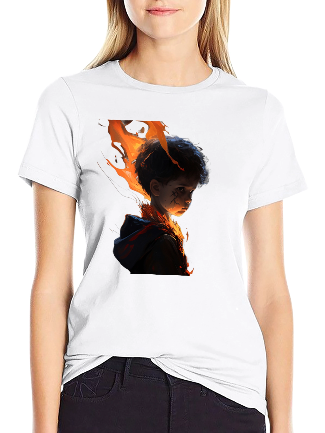 Fiery Child Graphic Print Black T-Shirt