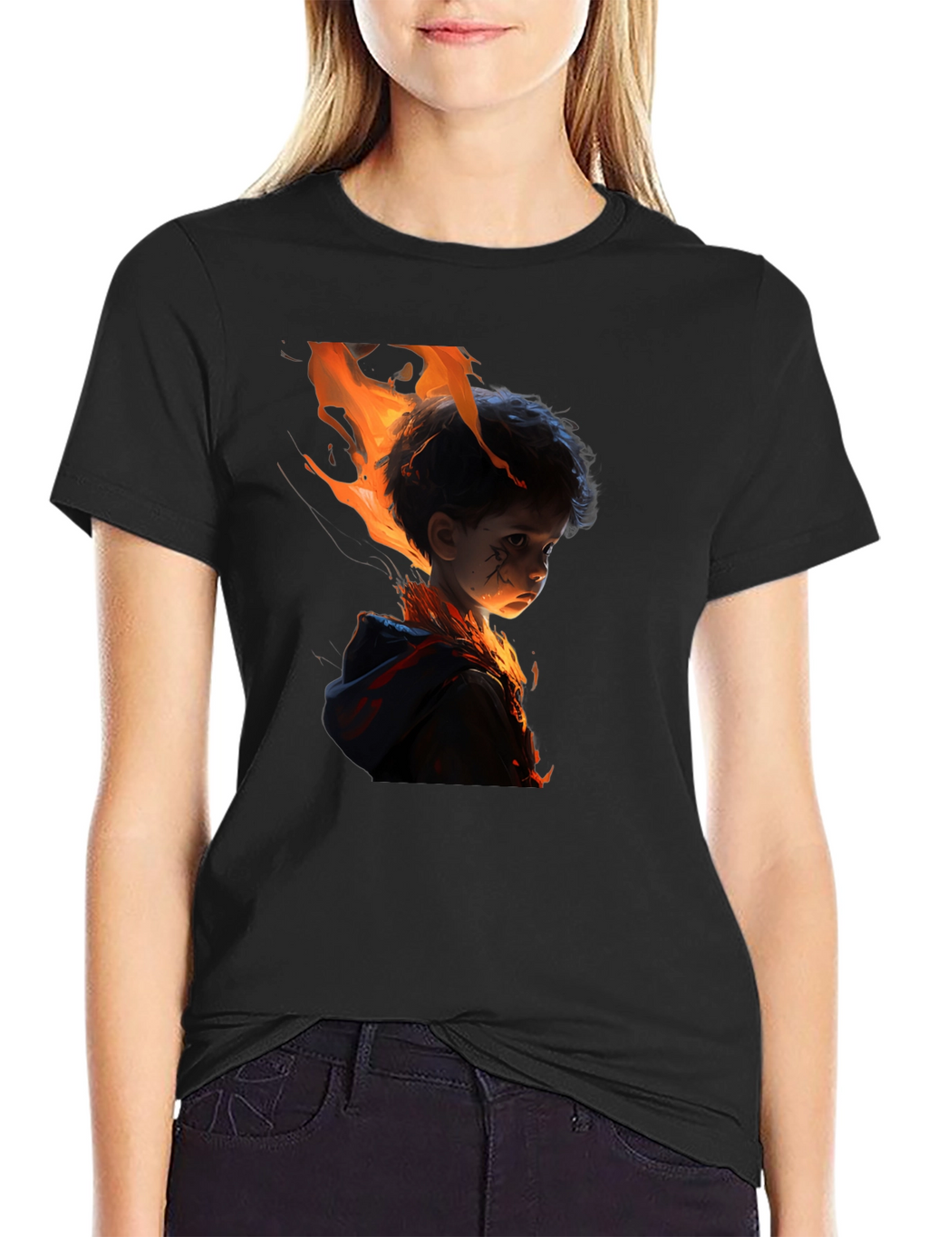 Fiery Child Graphic Print Black T-Shirt