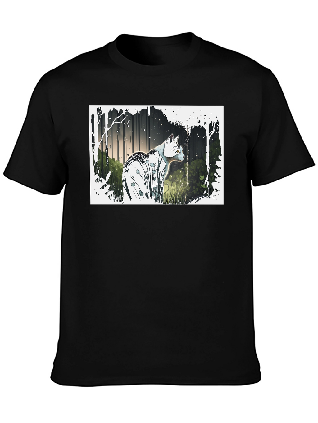 Cat Forest Graphic Print Black T-Shirt