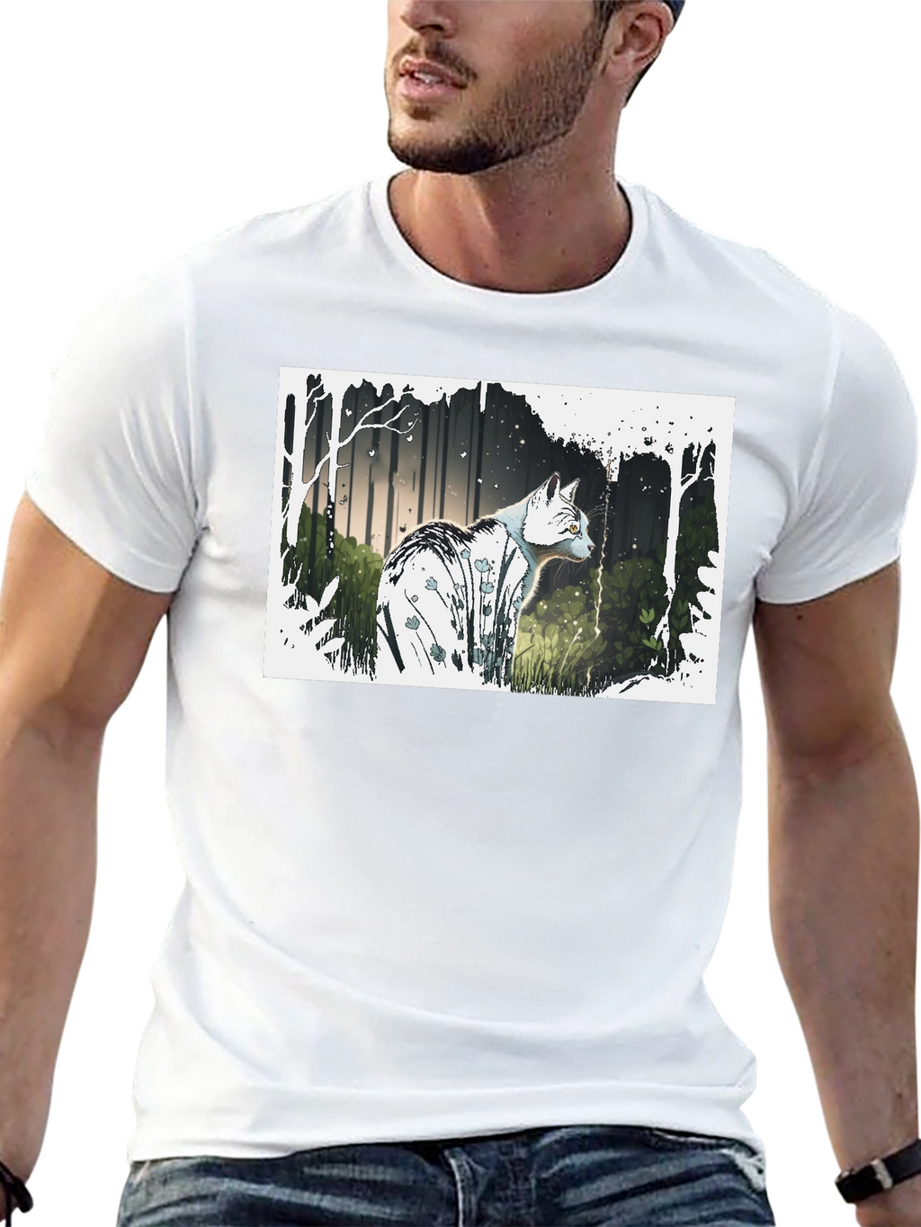 Cat Forest Graphic Print Black T-Shirt