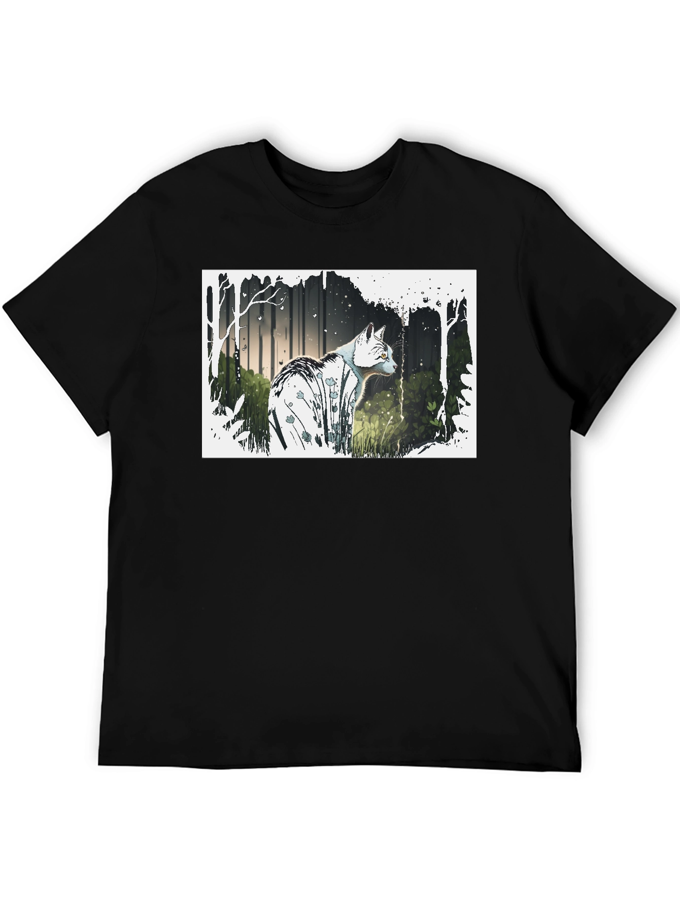 Cat Forest Graphic Print Black T-Shirt