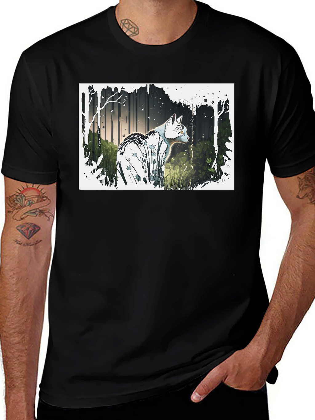 Cat Forest Graphic Print Black T-Shirt