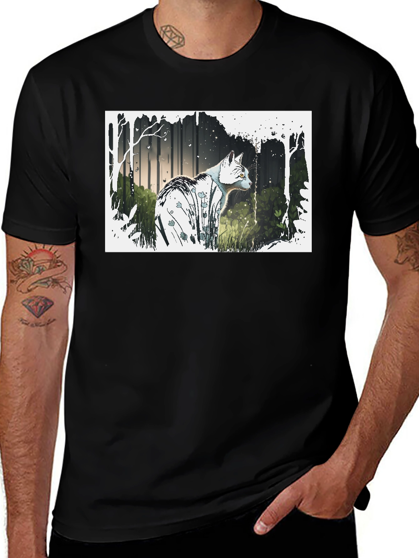 Cat Forest Graphic Print Black T-Shirt