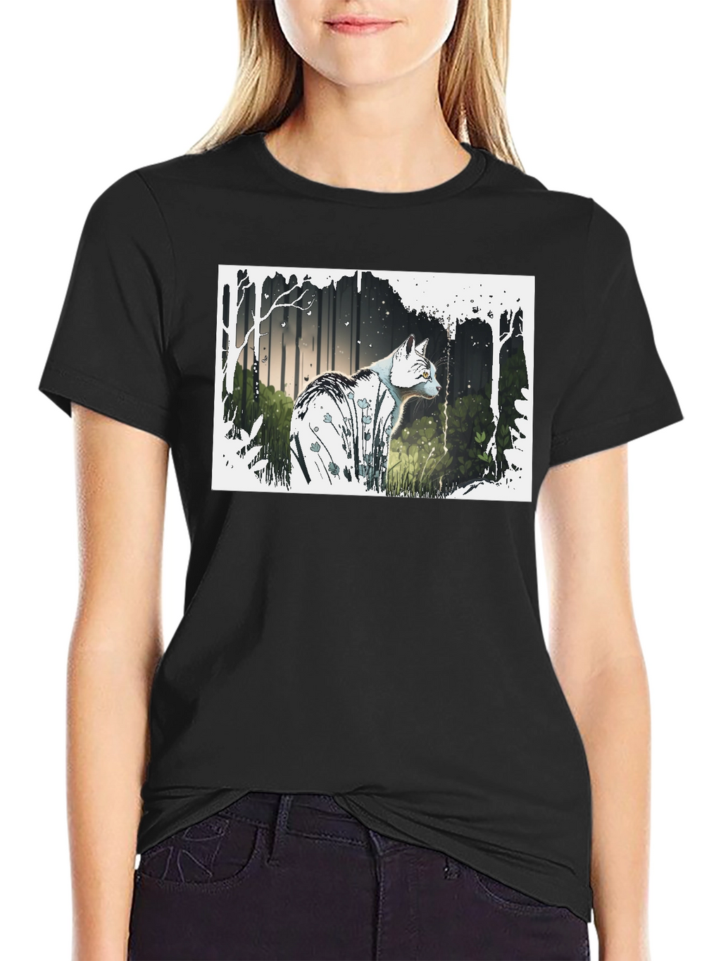 Cat Forest Graphic Print Black T-Shirt