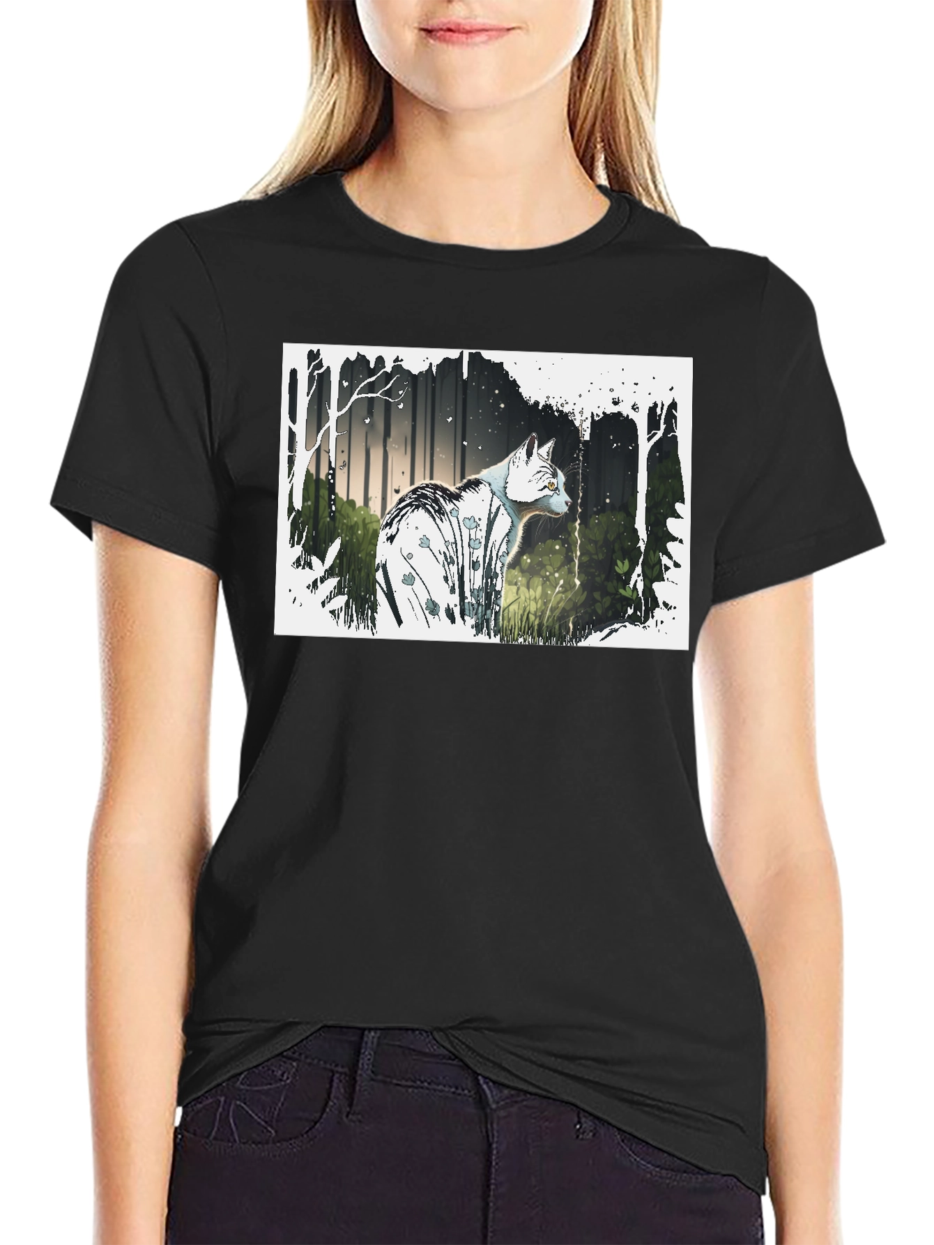 Cat Forest Graphic Print Black T-Shirt
