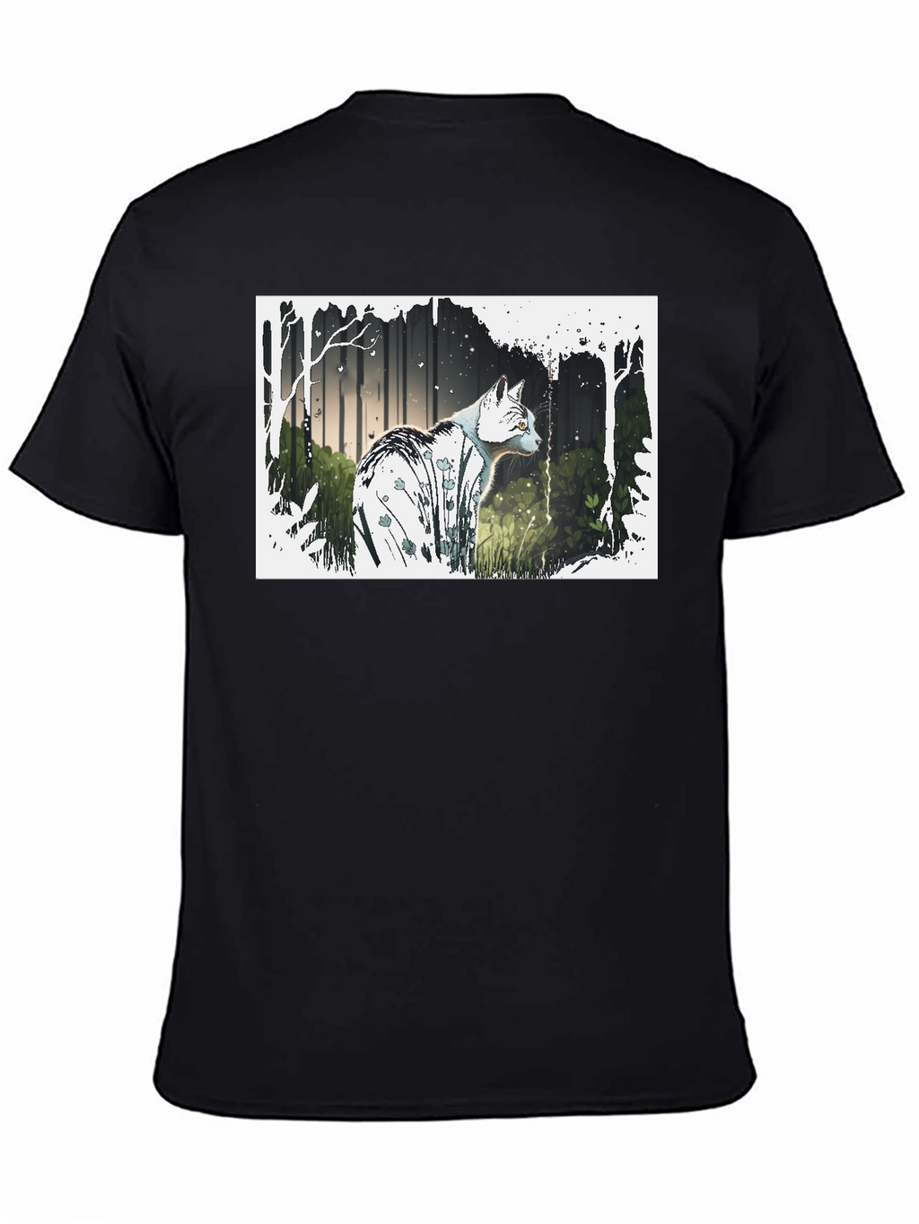 Cat Forest Graphic Print Black T-Shirt
