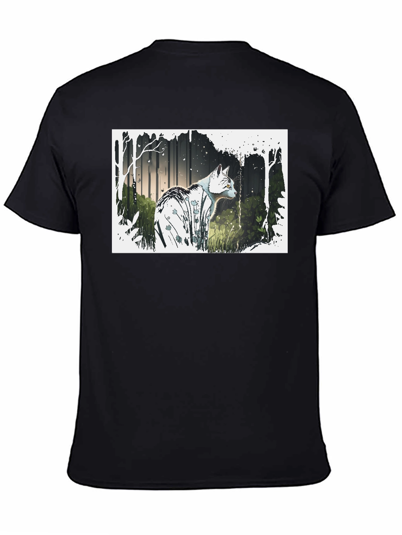 Cat Forest Graphic Print Black T-Shirt