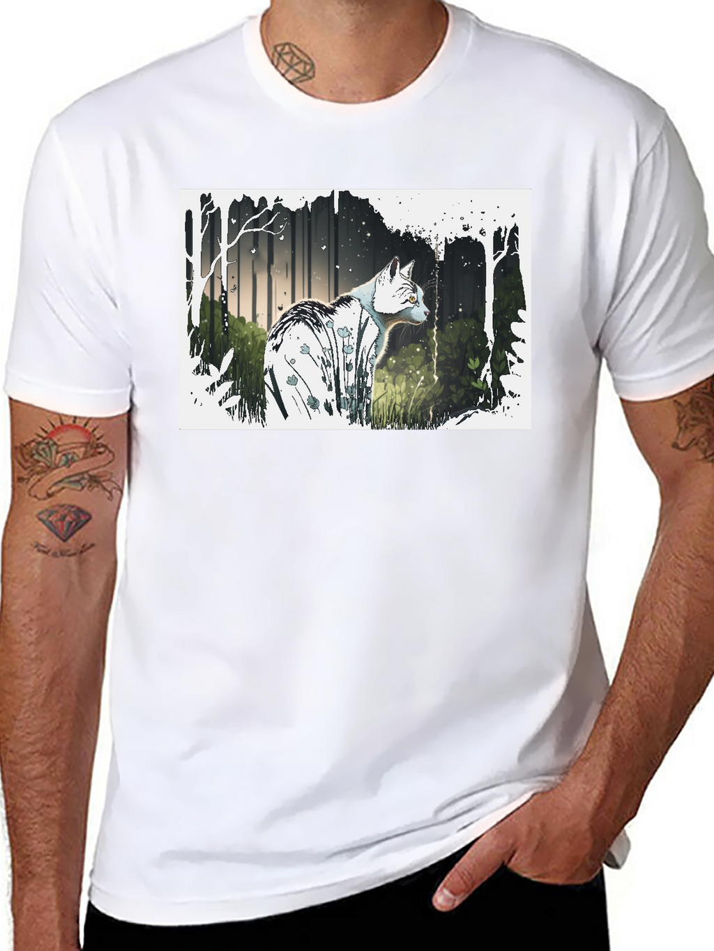Cat Forest Graphic Print Black T-Shirt