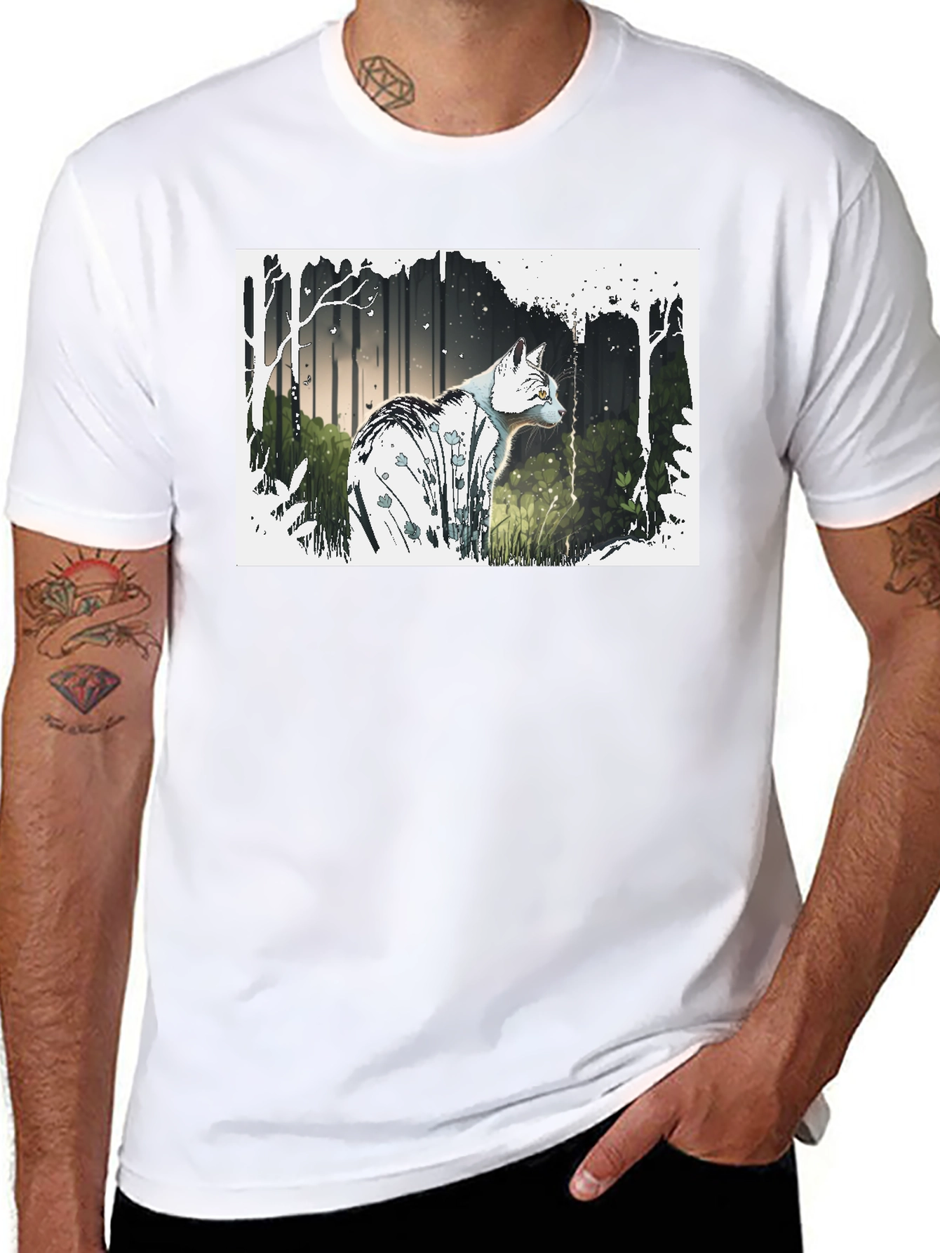 Cat Forest Graphic Print Black T-Shirt
