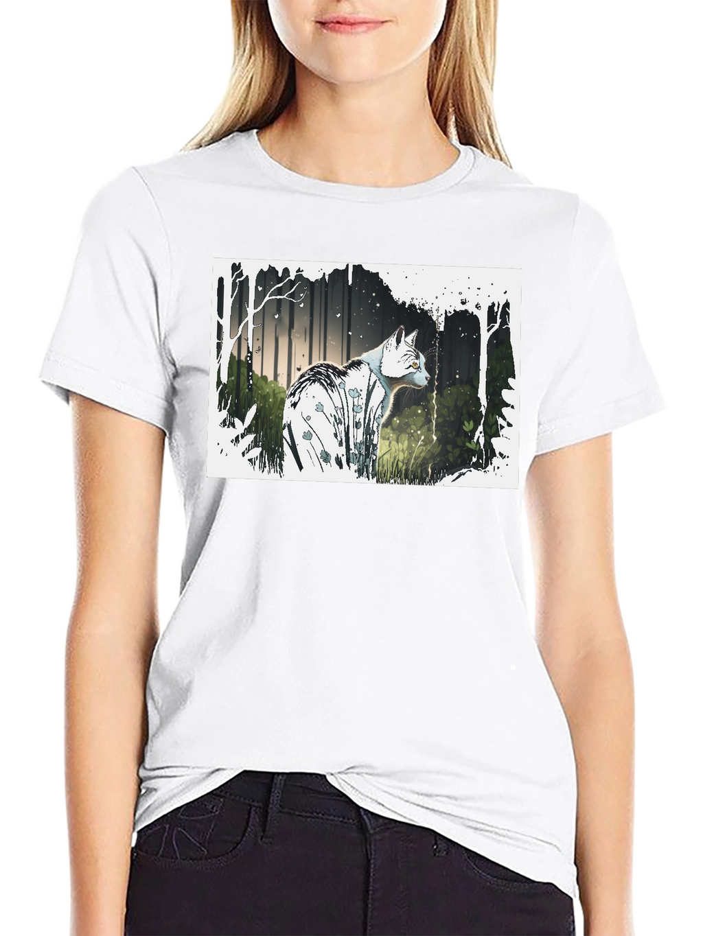 Cat Forest Graphic Print Black T-Shirt