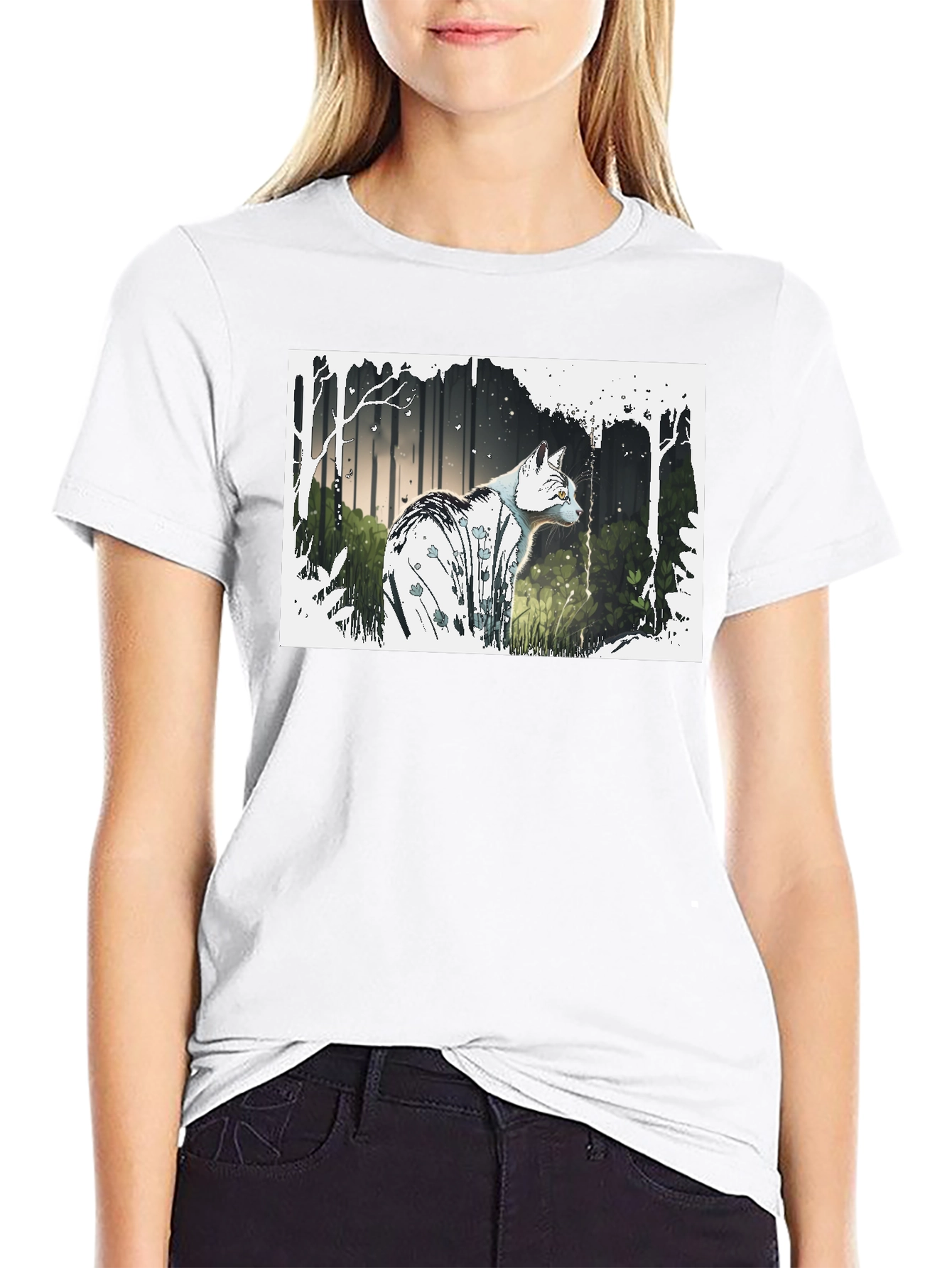 Cat Forest Graphic Print Black T-Shirt