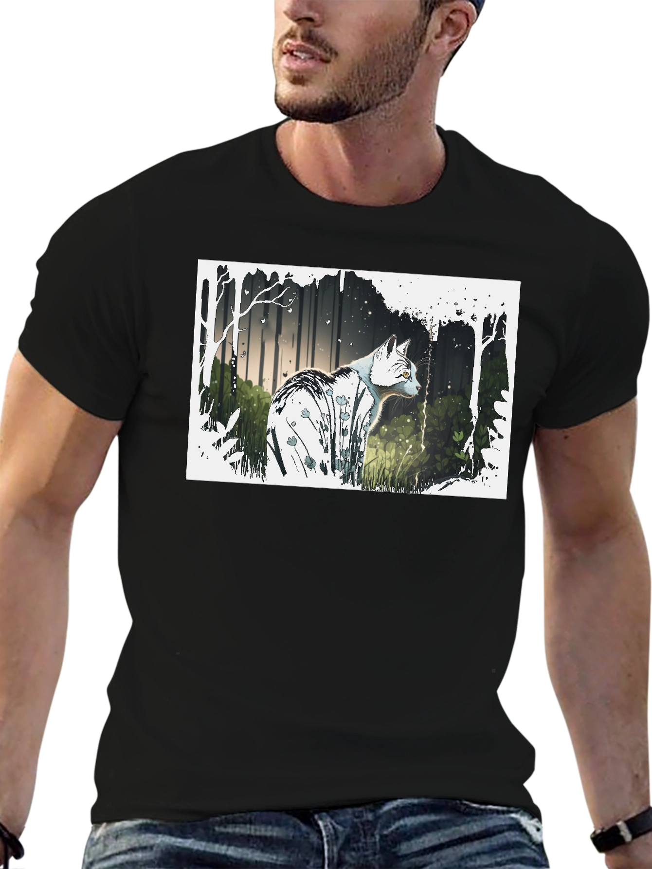 Cat Forest Graphic Print Black T-Shirt