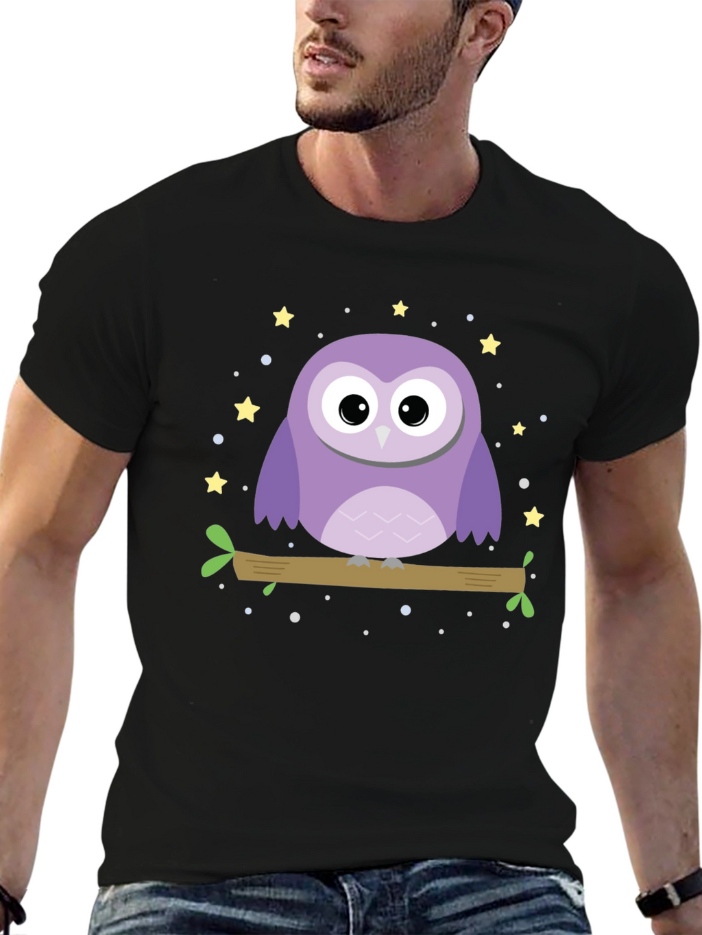 Cute Owl Graphic Print Black T-Shirt