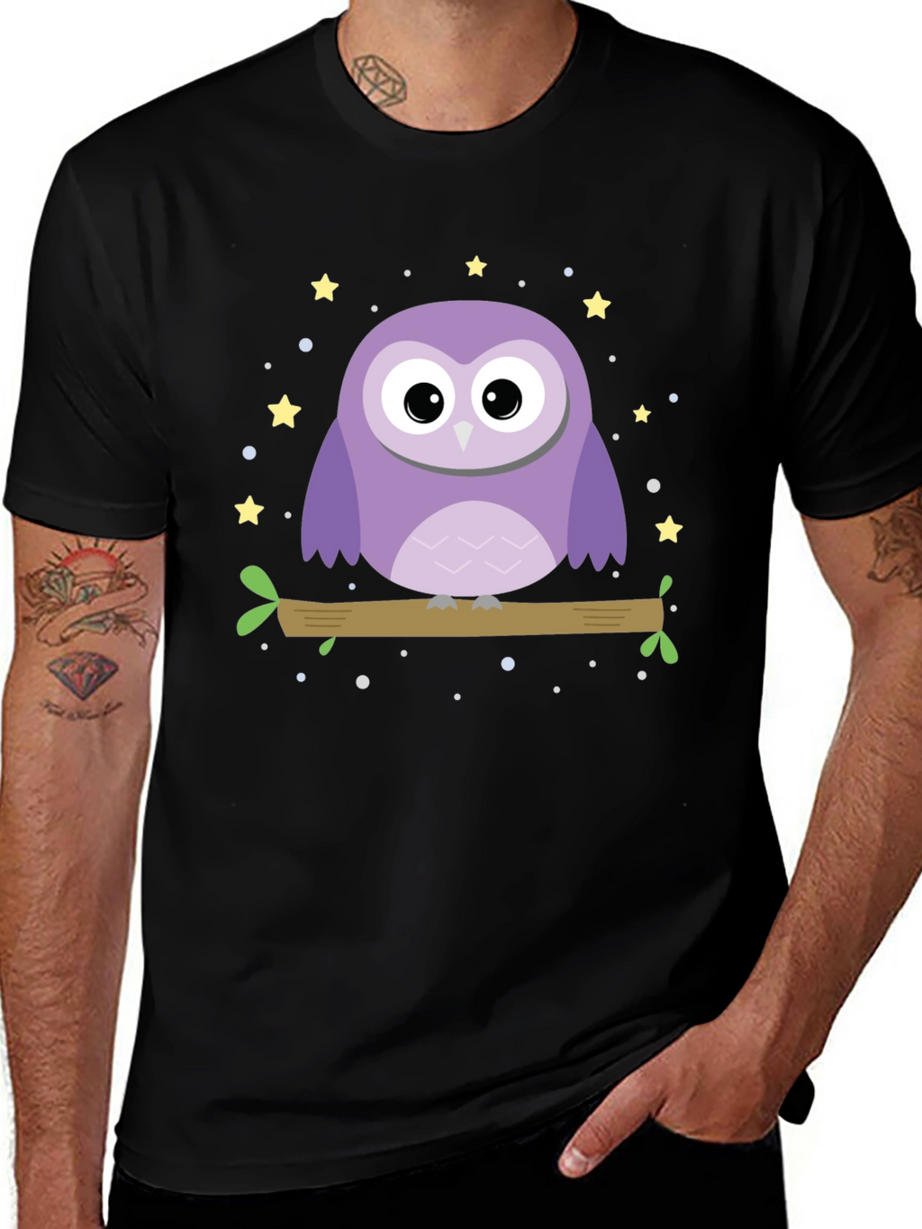 Cute Owl Graphic Print Black T-Shirt