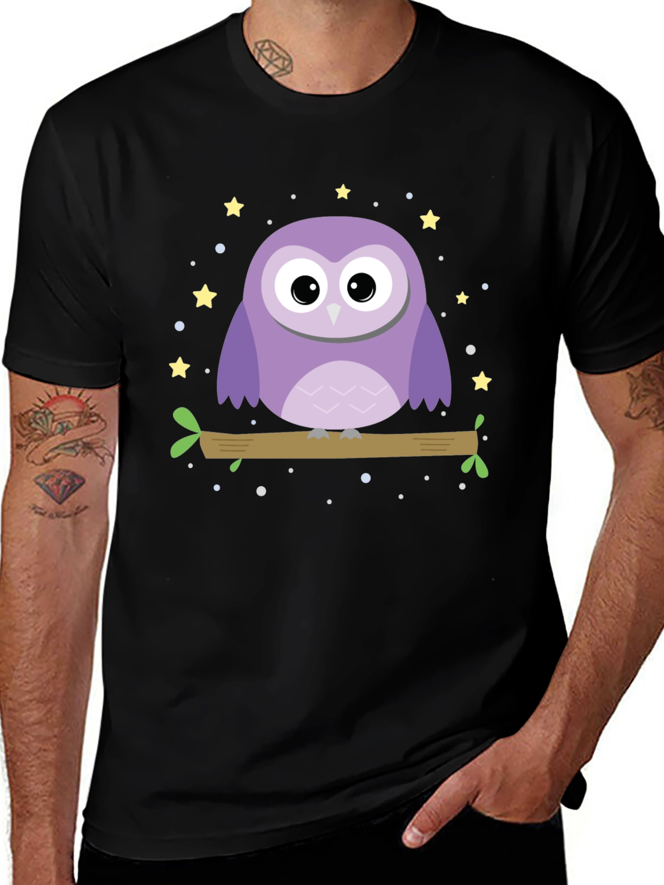 Cute Owl Graphic Print Black T-Shirt