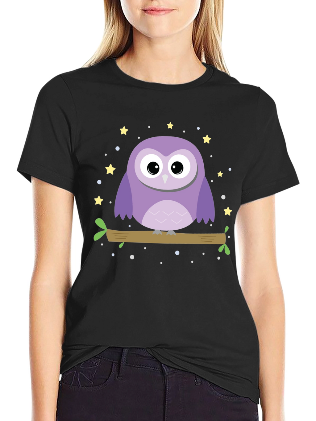 Cute Owl Graphic Print Black T-Shirt