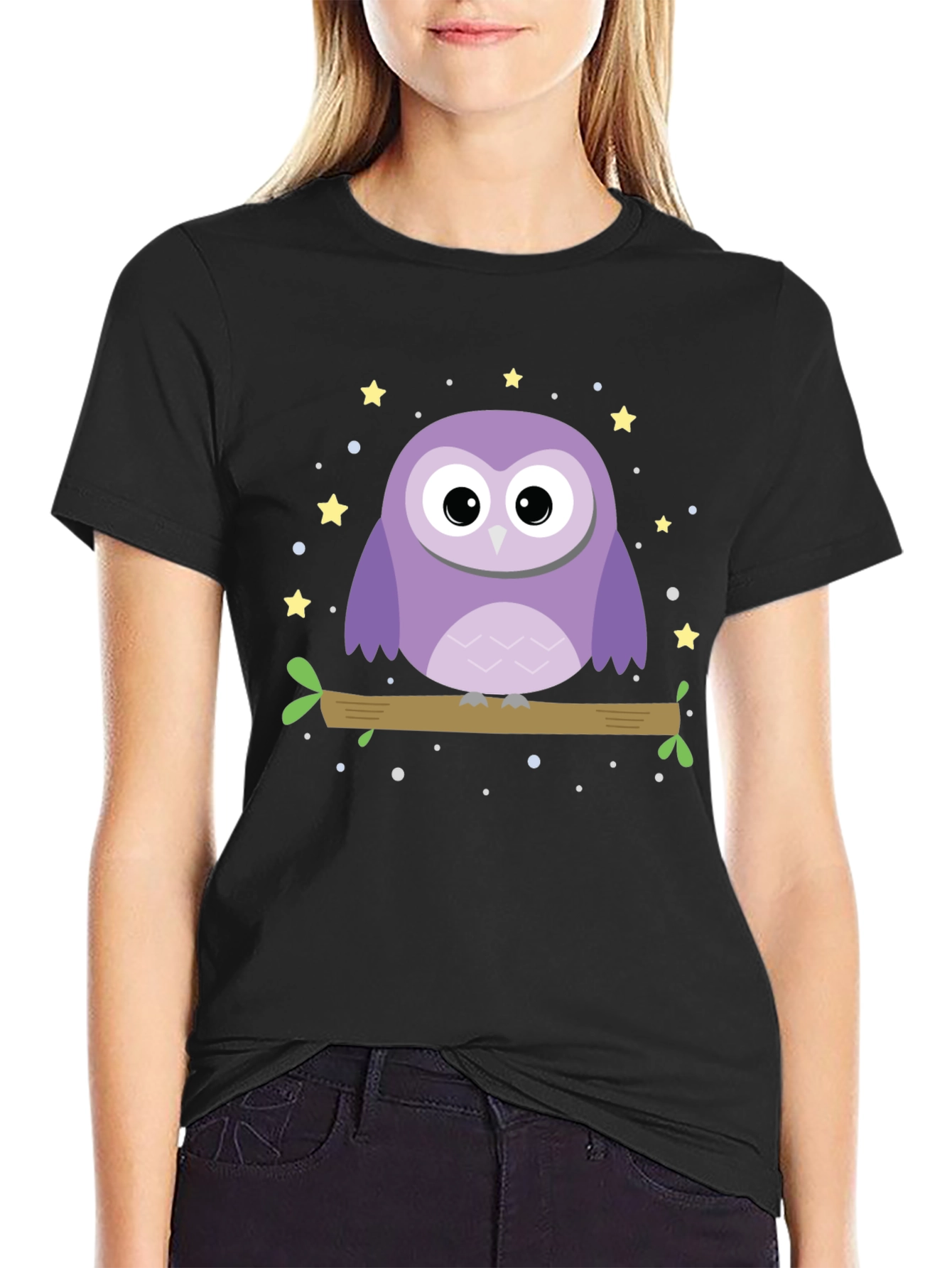 Cute Owl Graphic Print Black T-Shirt