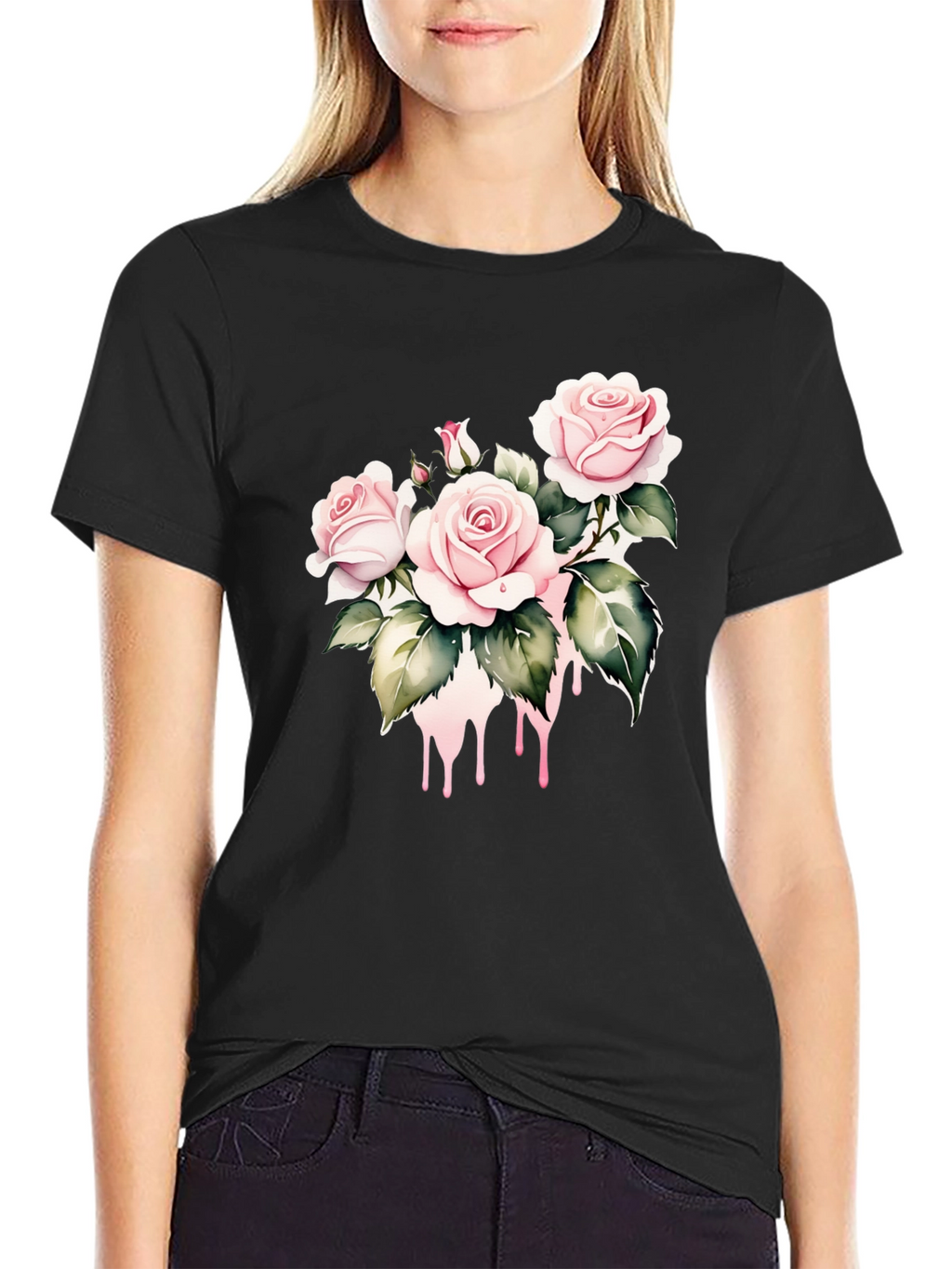 Black T-Shirt with Floral Rose Design