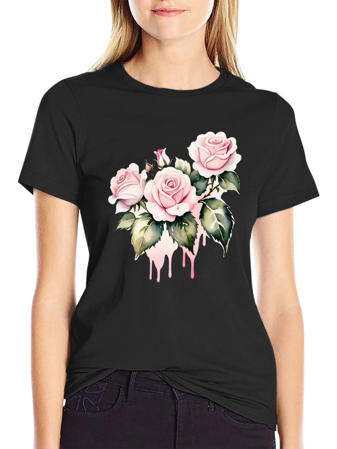 Black T-Shirt with Floral Rose Design