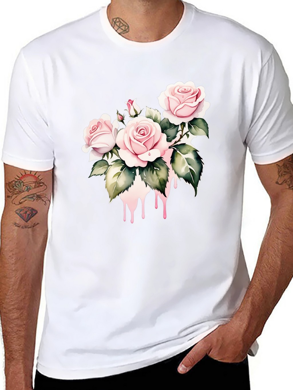 Black T-Shirt with Floral Rose Design