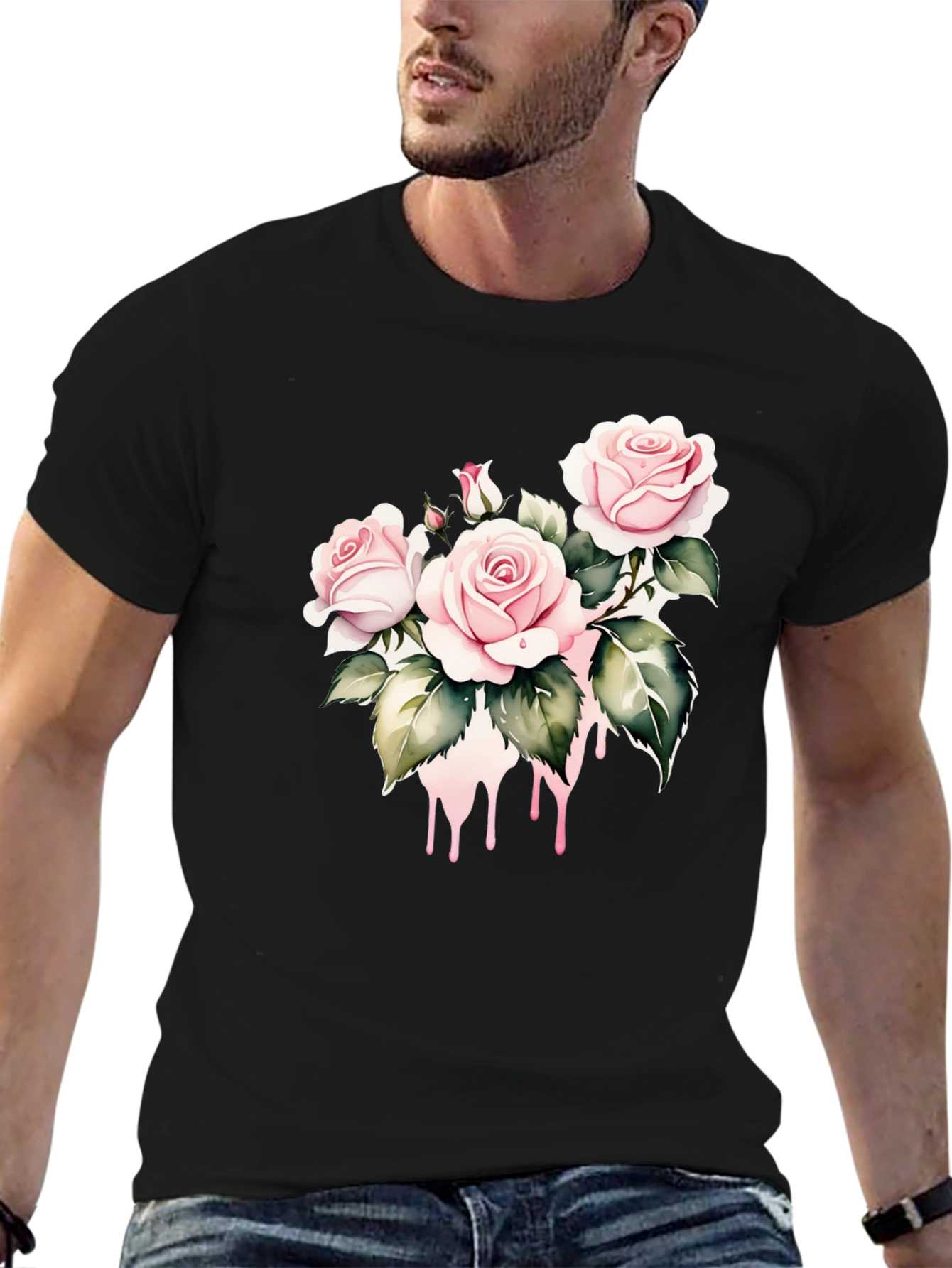 Black T-Shirt with Floral Rose Design