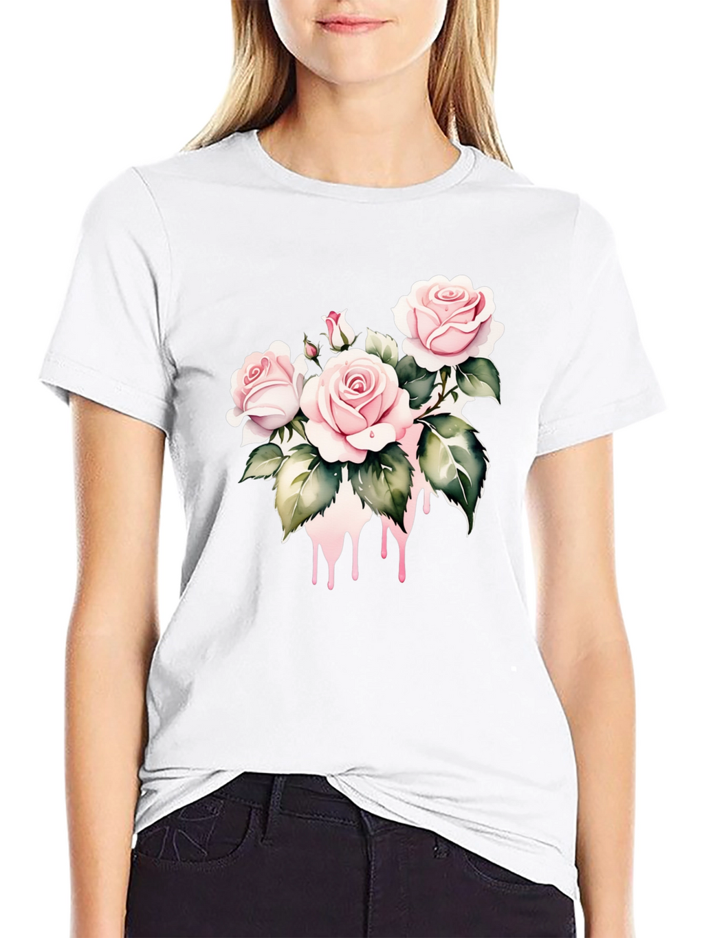 Black T-Shirt with Floral Rose Design