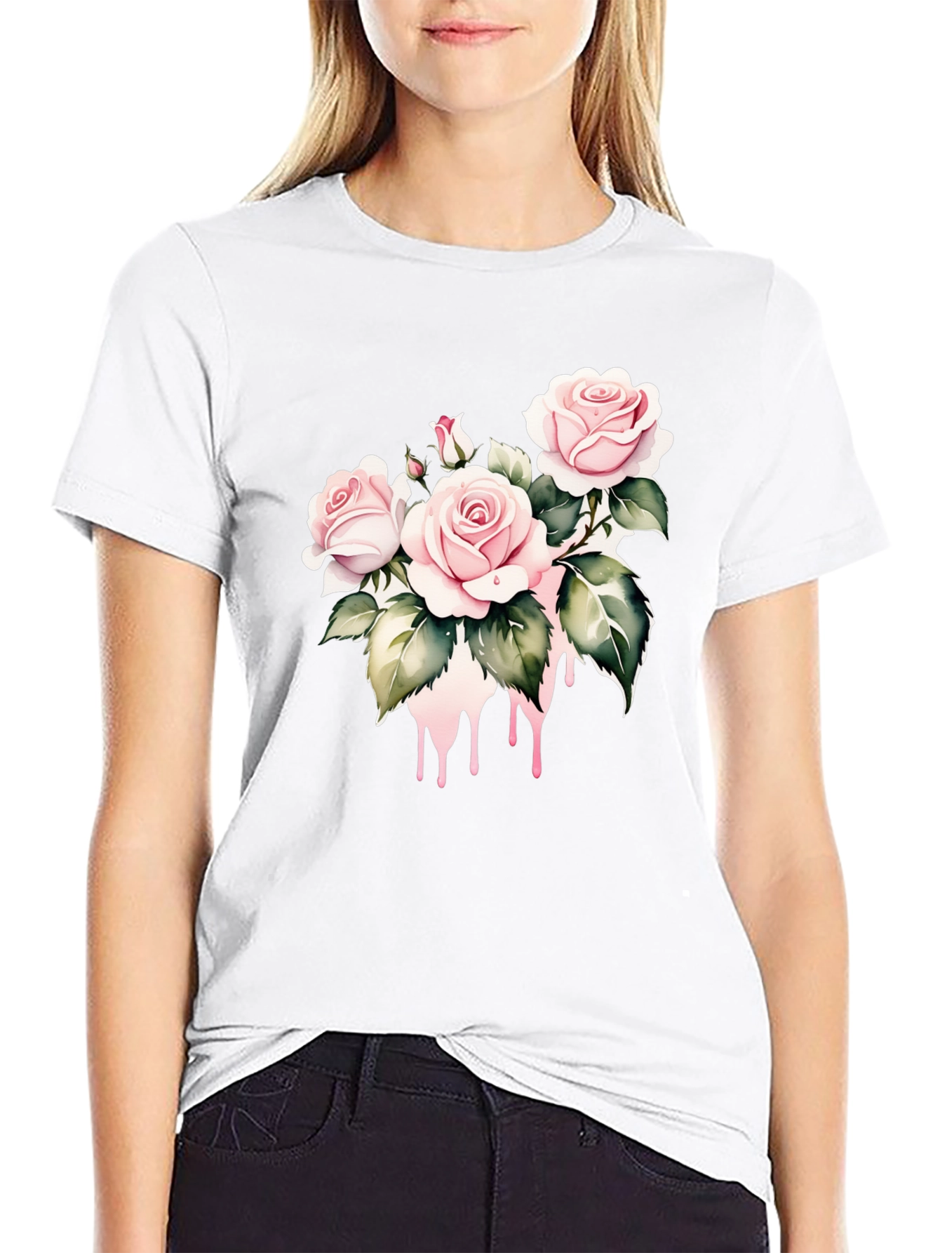 Black T-Shirt with Floral Rose Design