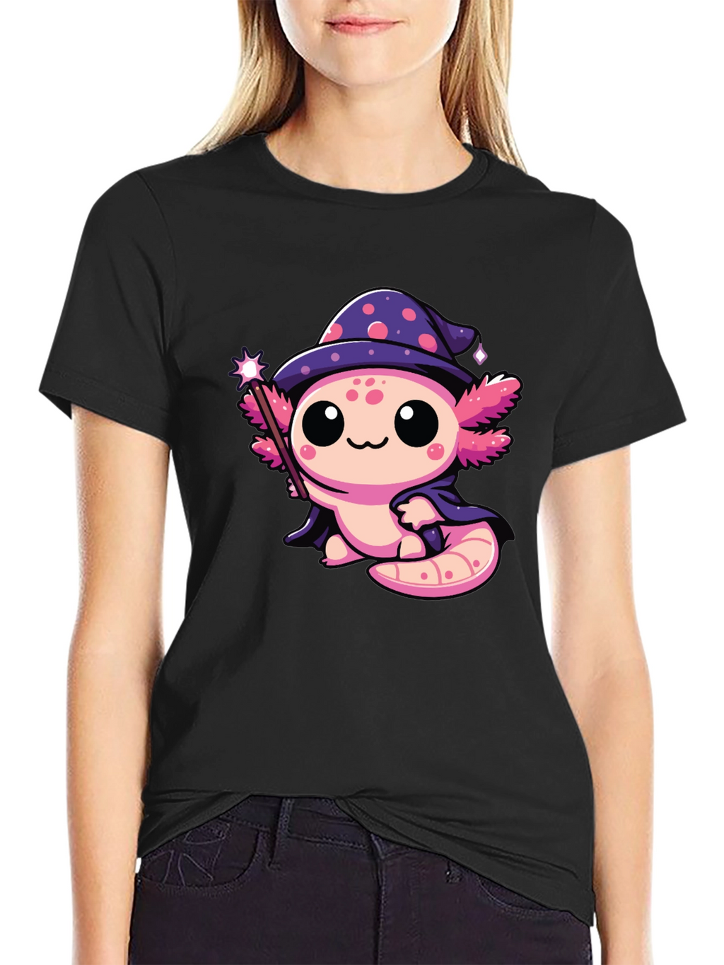 Cute Wizard Axolotl Black T-Shirt