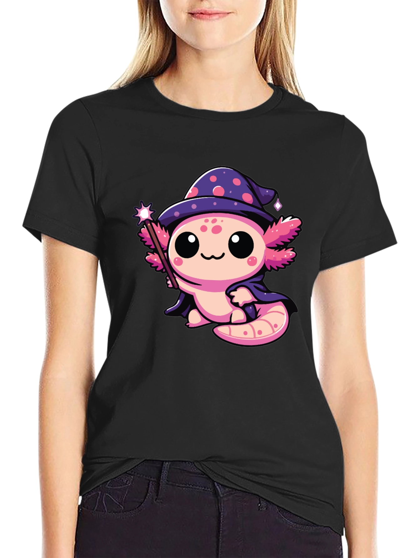 Cute Wizard Axolotl Black T-Shirt