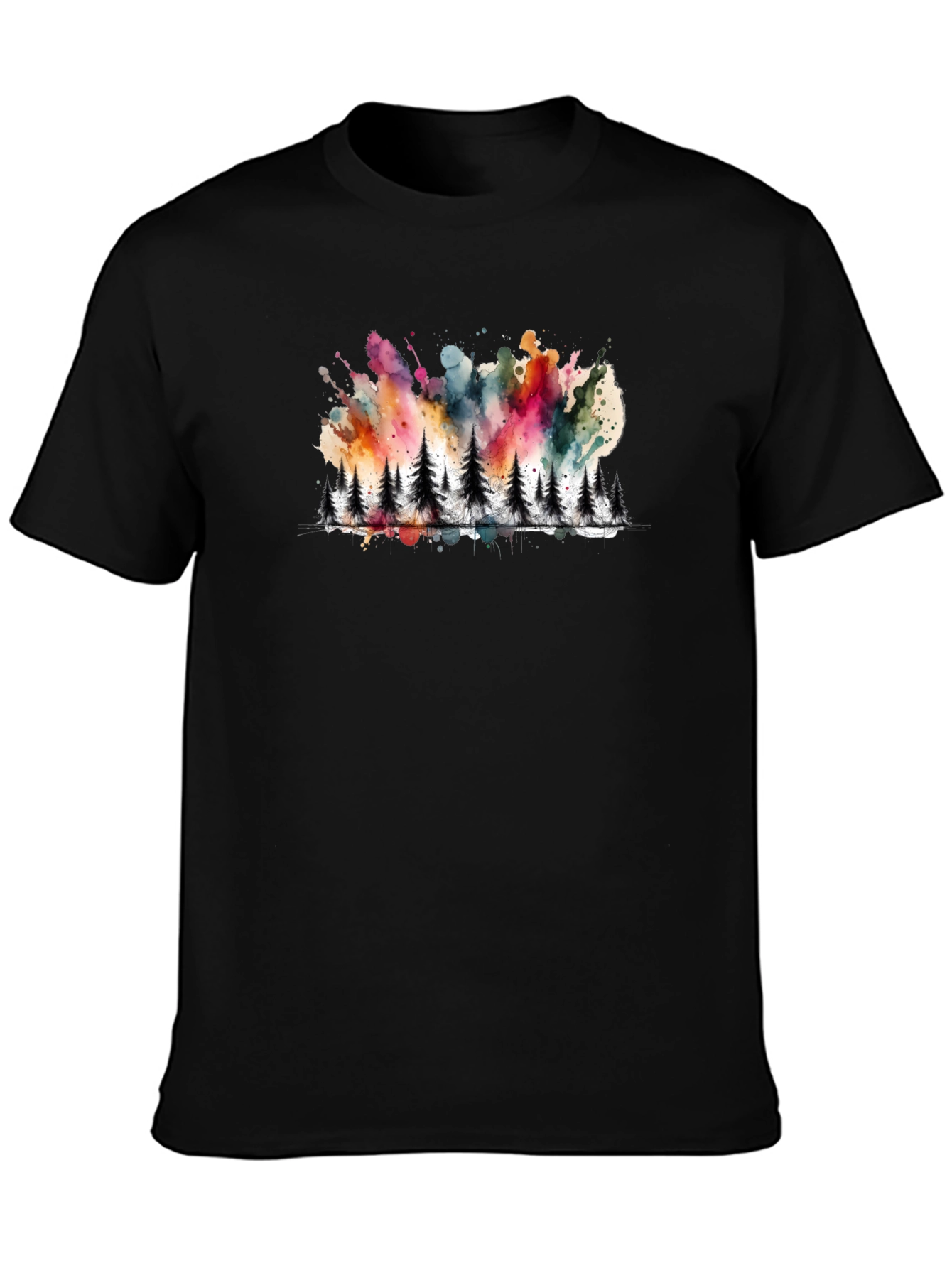 Watercolor Forest Print Black Tee