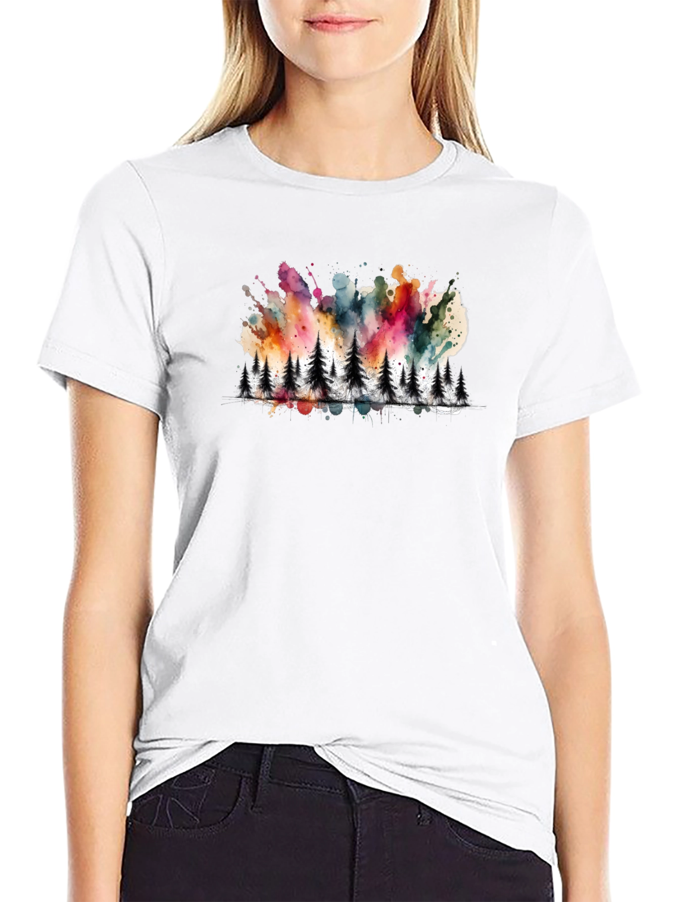 Watercolor Forest Print Black Tee