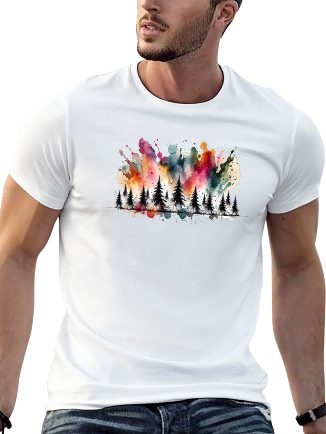 Watercolor Forest Print Black Tee
