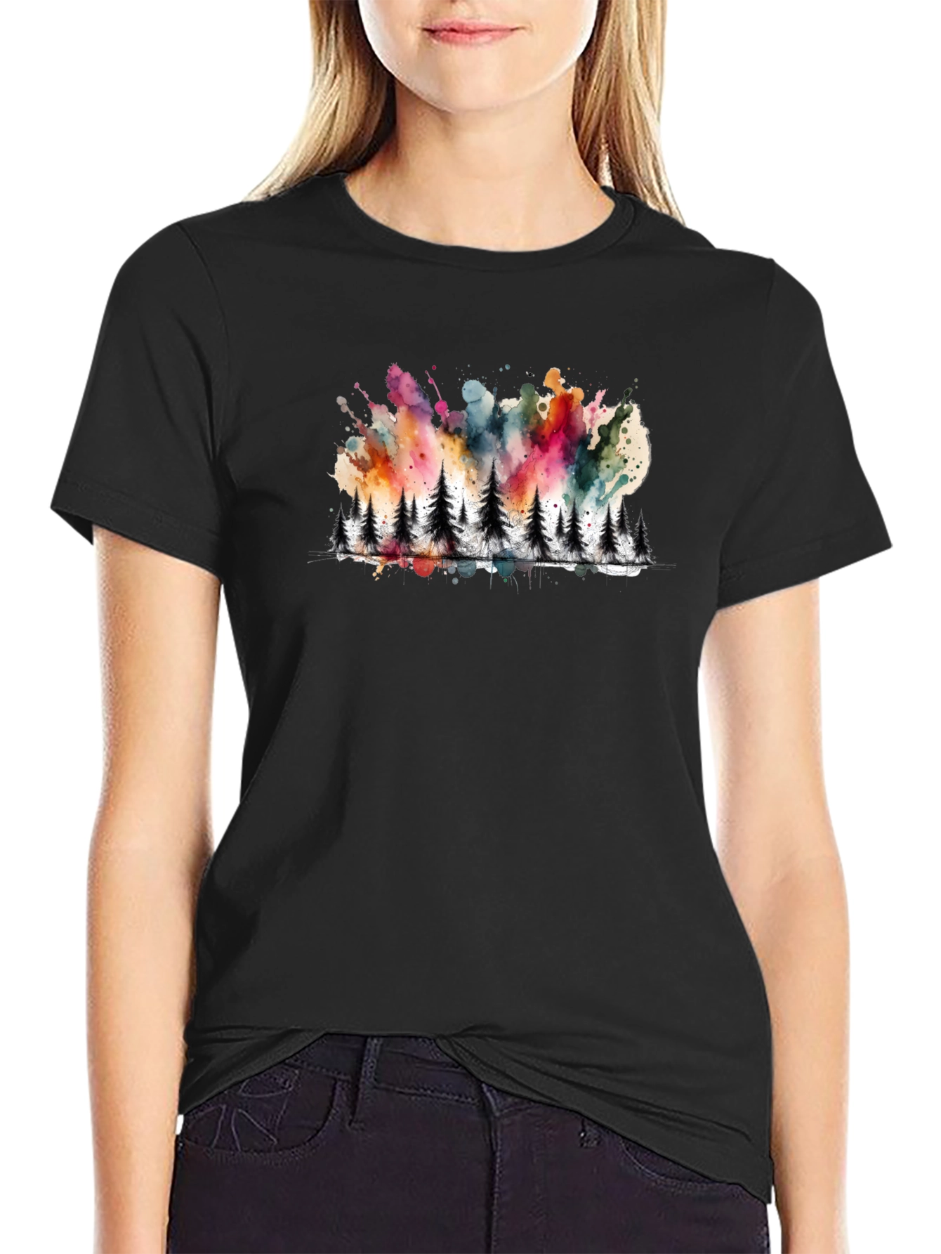 Watercolor Forest Print Black Tee