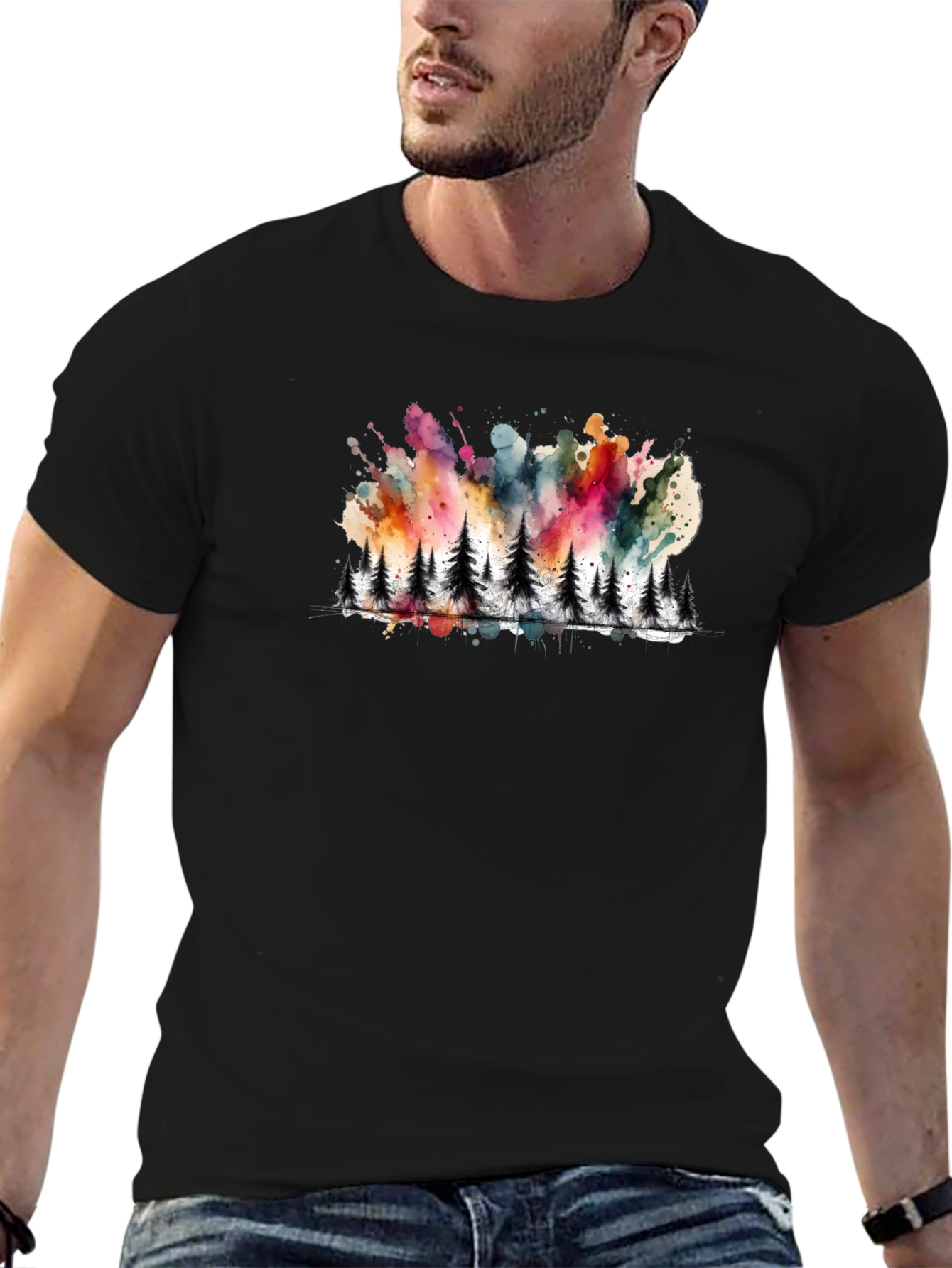 Watercolor Forest Print Black Tee