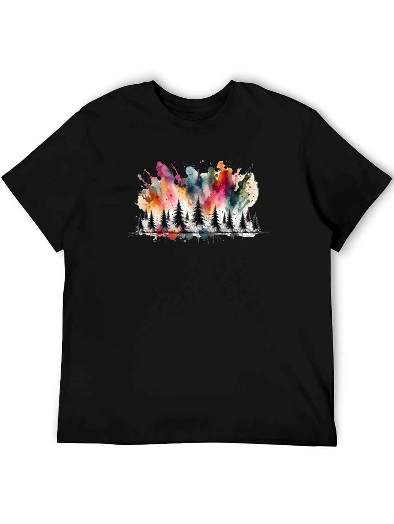 Watercolor Forest Print Black Tee