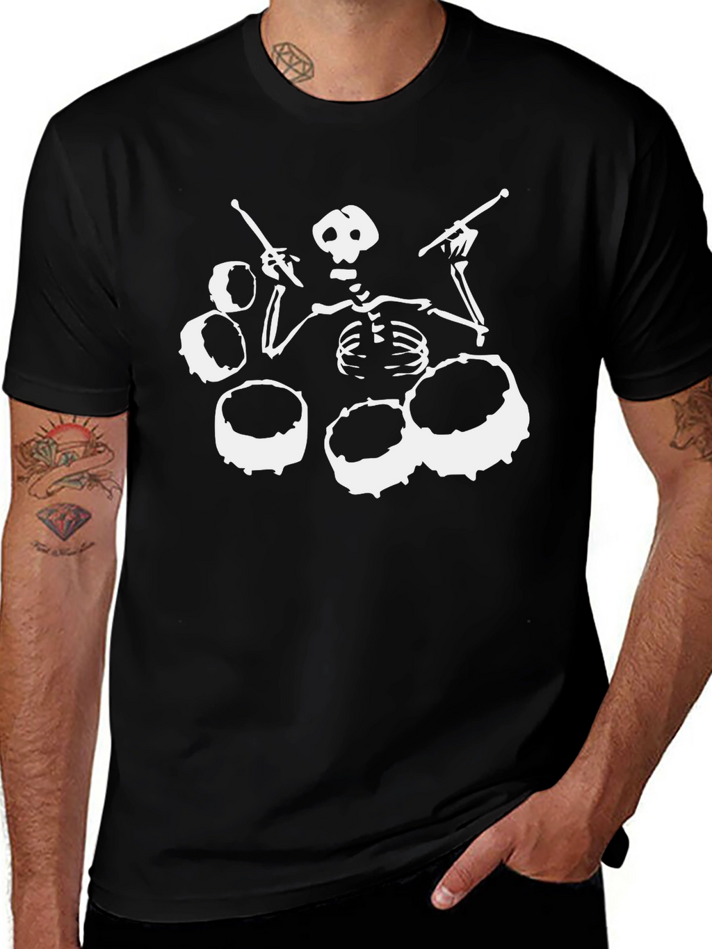 Skeleton Drummer Black T-Shirt - Rock Band Tee