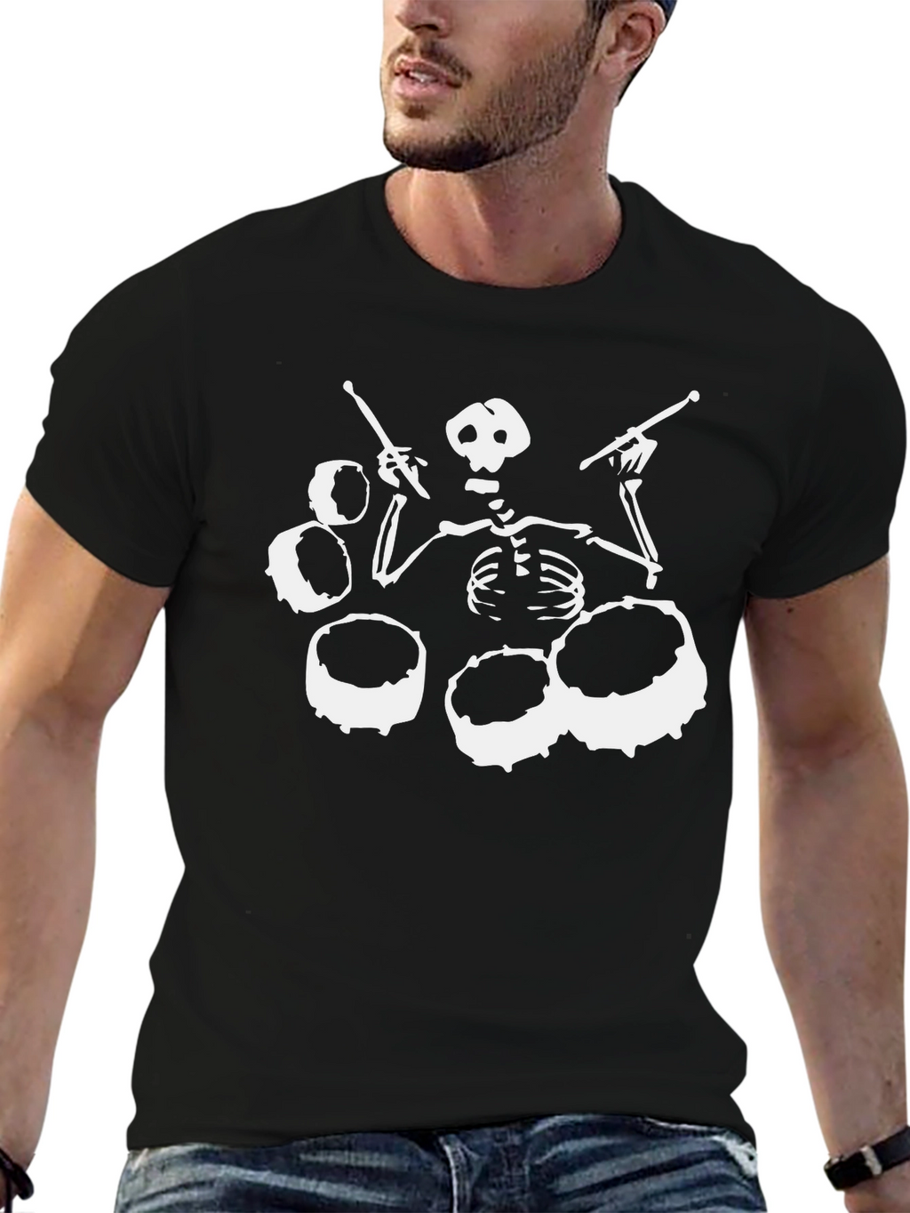 Skeleton Drummer Black T-Shirt - Rock Band Tee