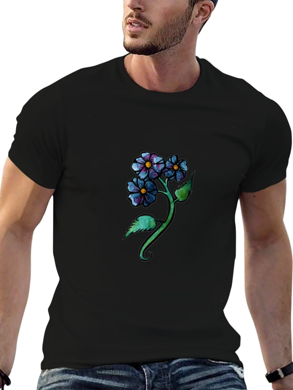 Floral Design Black T-Shirt