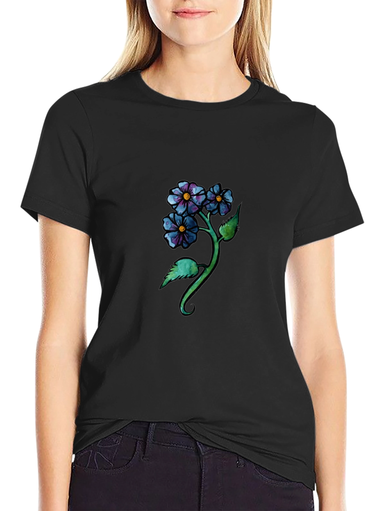 Floral Design Black T-Shirt