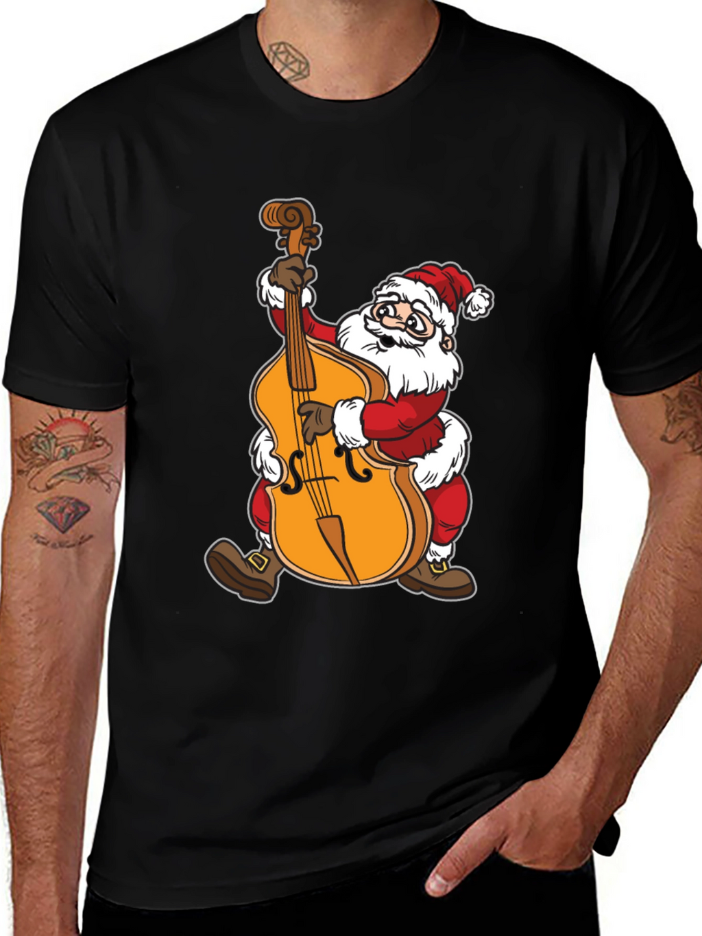 Santa Claus Playing Cello Black T-Shirt