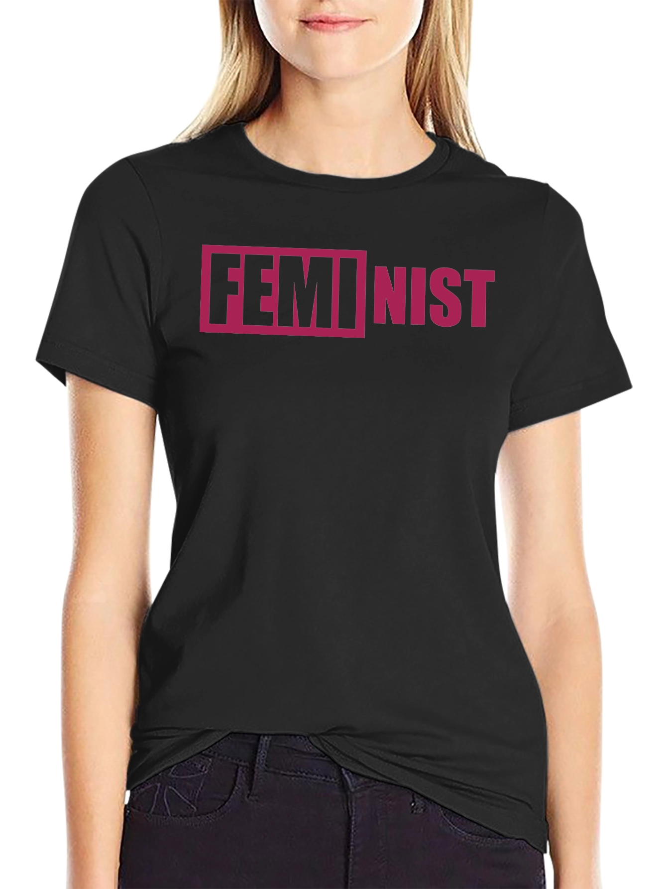 Feminist Graphic Tee - Black Crew Neck Cotton Blend Shirt