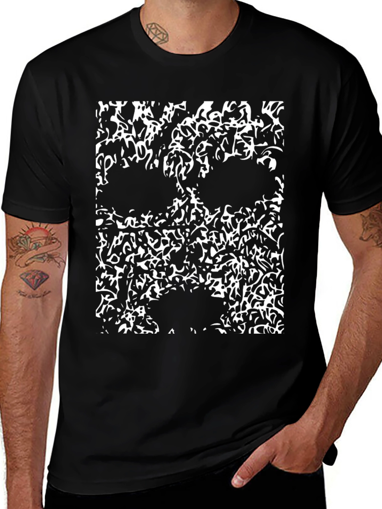 Abstract Skull Graphic Tee - Black Cotton T-Shirt